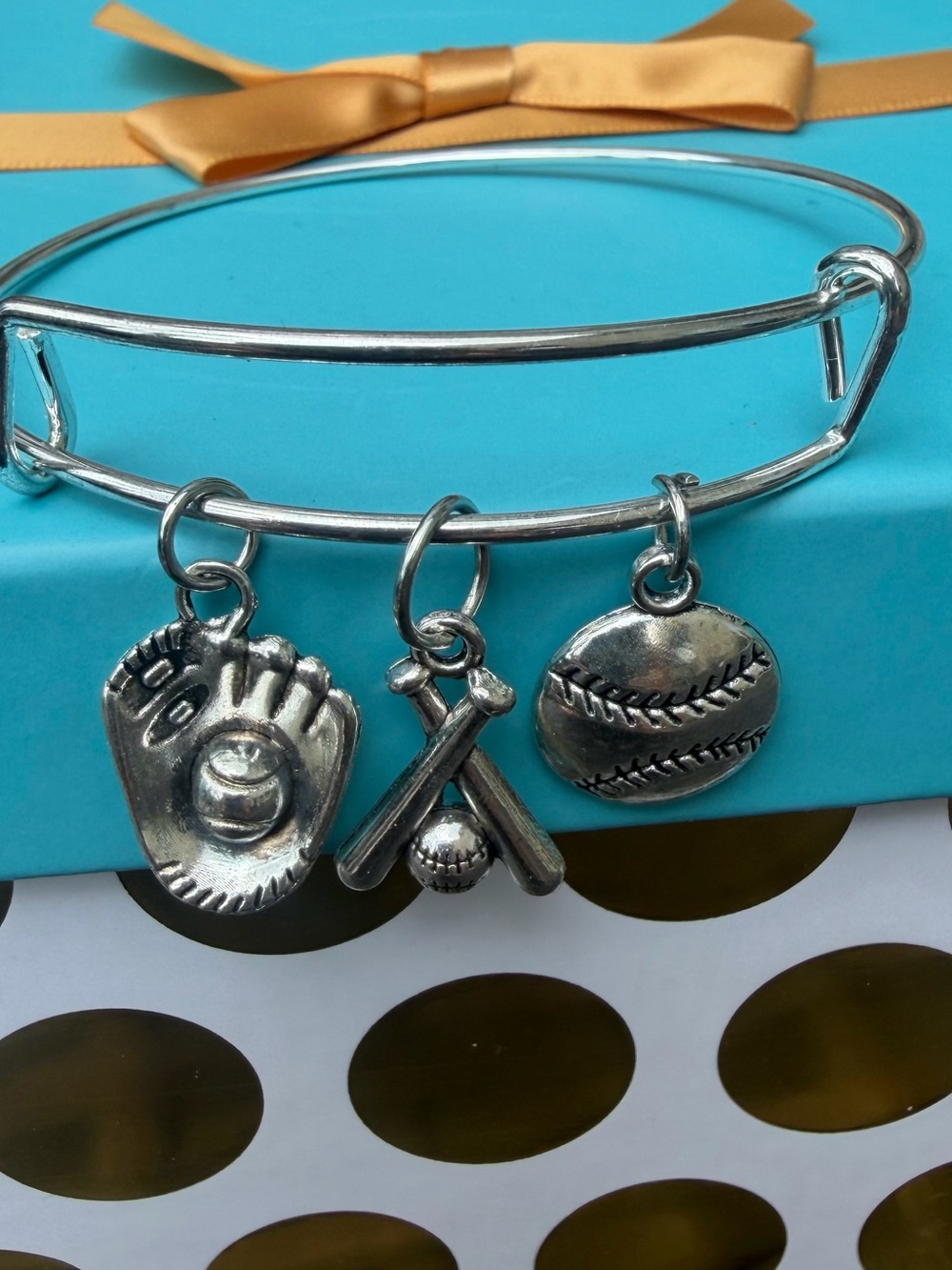 Handcrafted Softball Charm Bangle Bracelet Girls Silver Tone - Sports Jewelry - Picture 5 of 6